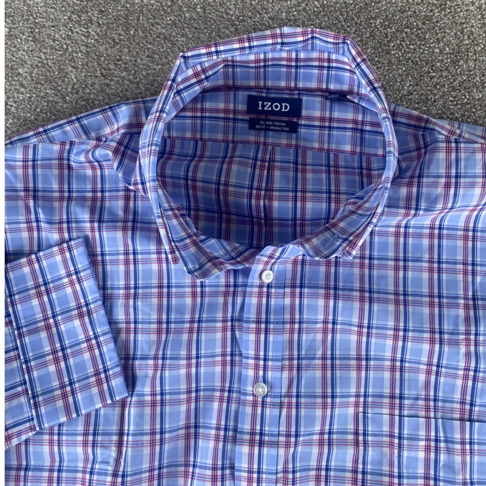 IZOD Mens 4XLT Big Fit Dress Shirt 20 34/35 Blue Plaid Wrinkle Free Stretch LS